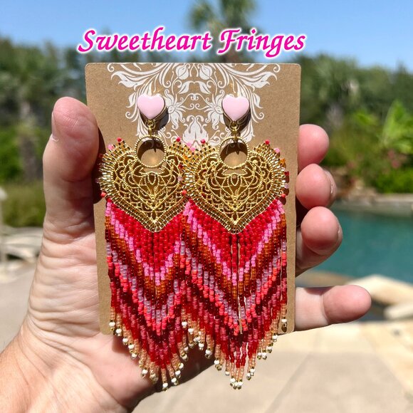 Handmade Beaded Long Fringe Dangle Drop Lightweight Sweetheart Post Earrings - Picture 10 of 10